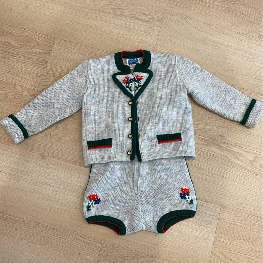 Gender neutral knit crochet embroidered sweater outfit